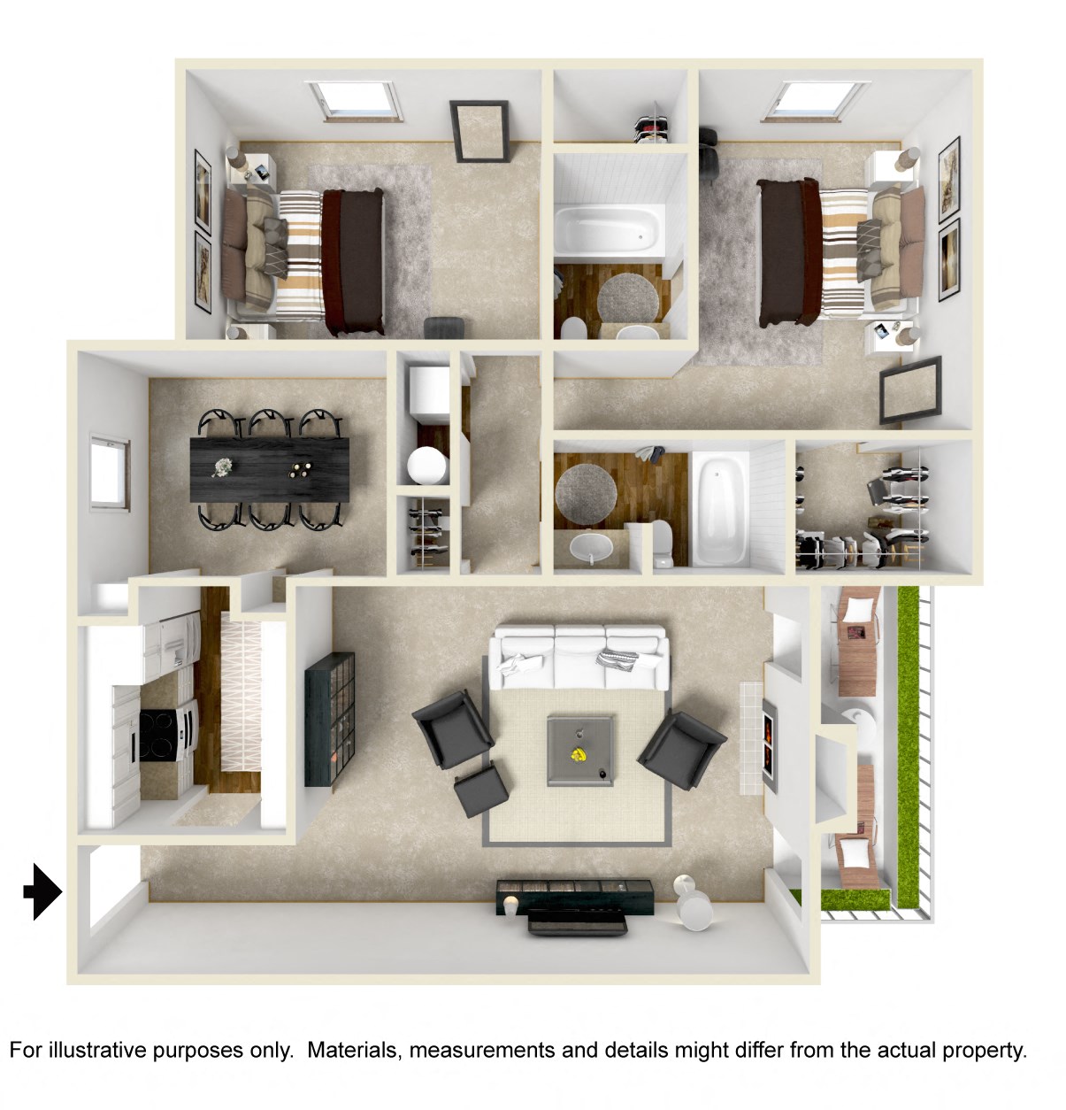 Floor plan for 2 beds, 2 baths, 1087 sqft